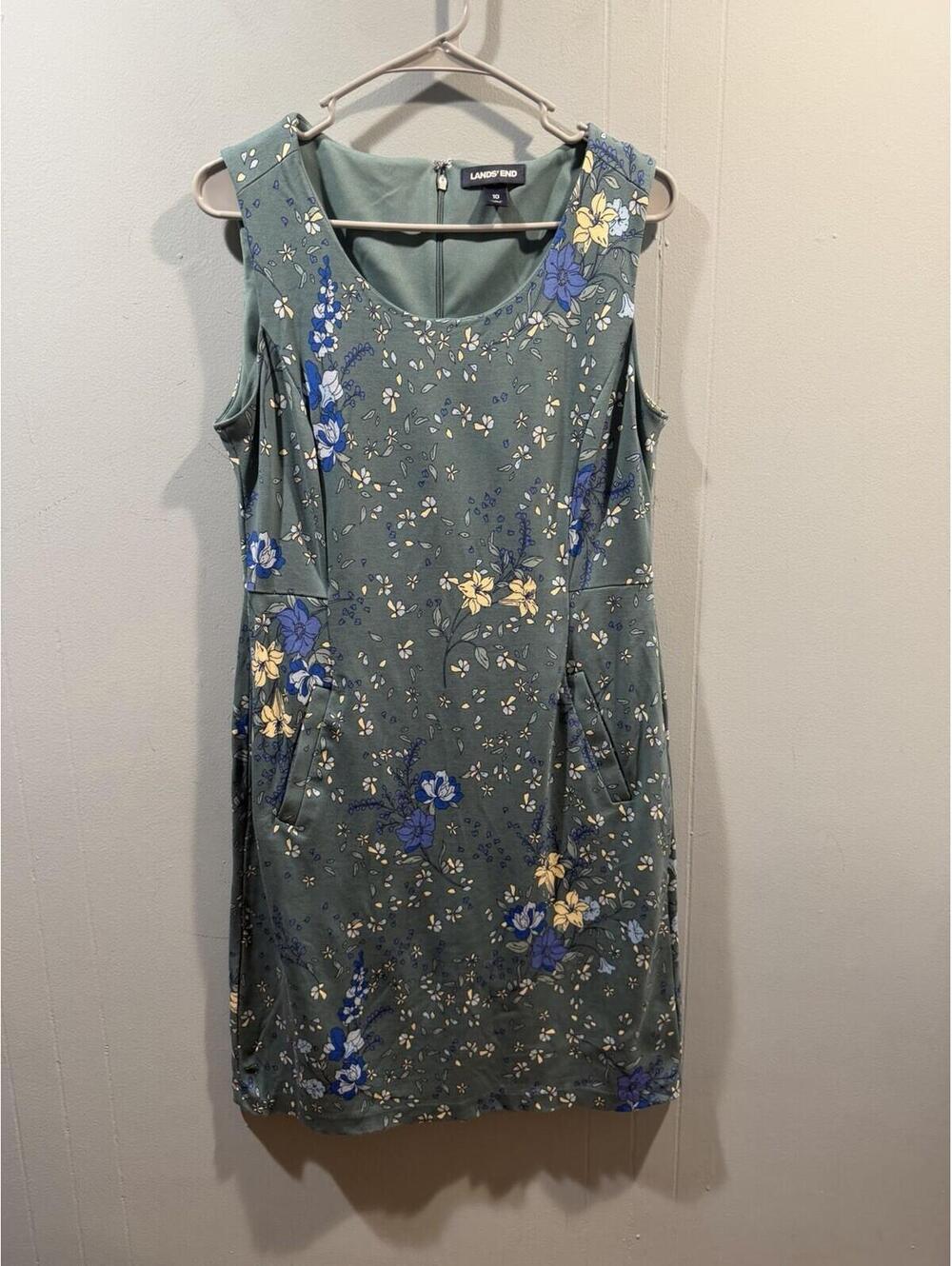 Womens Lands End Sleeveless Dress Size 10 Floral Green